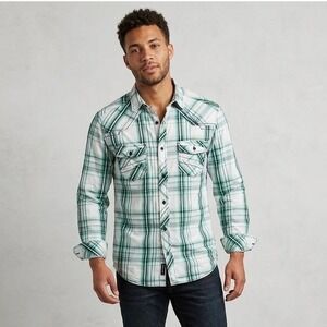 Helix Men's Athletic Fit Plaid Long Sleeve Button Up Shirt Green Black White M